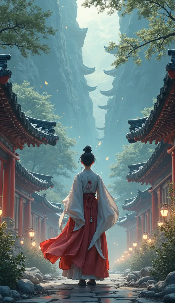 Ancient Korean landscape with traditional architecture, sparkling lights, main character wearing traditional hanbok, mysterious facial expressions, majesty .