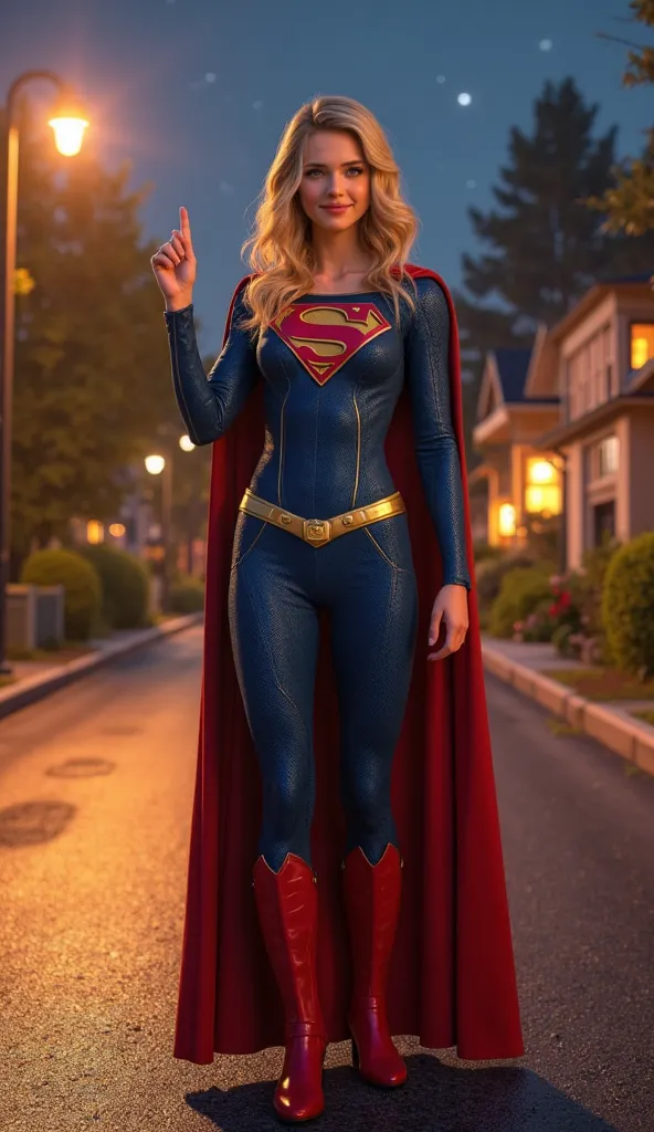 "A highly detailed, ultra-realistic 3D render of Supergirl, standing on a quiet suburban street at night. She is wearing a shiny, form-fitting blue and red Supergirl suit with the iconic 'S' emblem on her chest. A golden belt and a flowing red cape add to ...