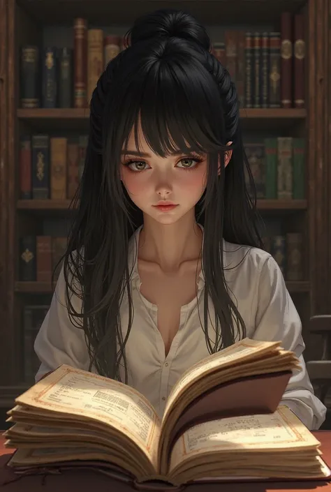 realistic style image. Black-haired girl reading some very old notebooks 