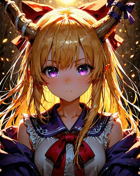 score_9, score_8_up, score_7_up, UHD, 1girl, solo, Masterpiece, UHD, Suika Ibuki, full body, action painting, The Touhou Project, long blonde hair, purple eyes, hair inbetween eyes.
