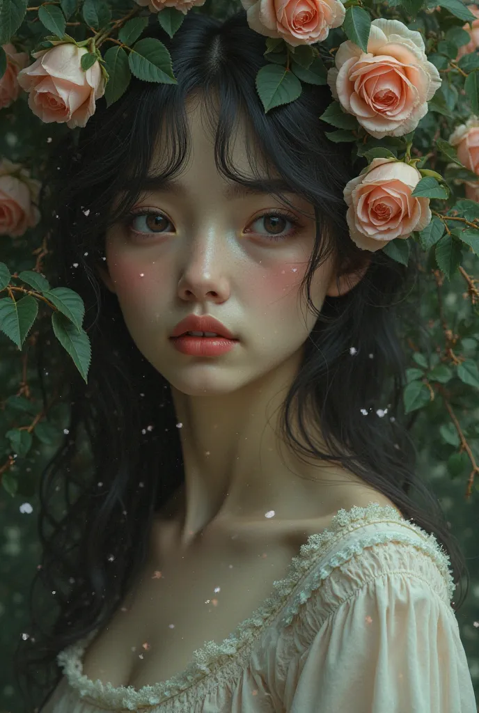 Sad young lady's face, vintage vibe, longe sleeve frock, half of the face covered by roses and leaves blooming through thorns