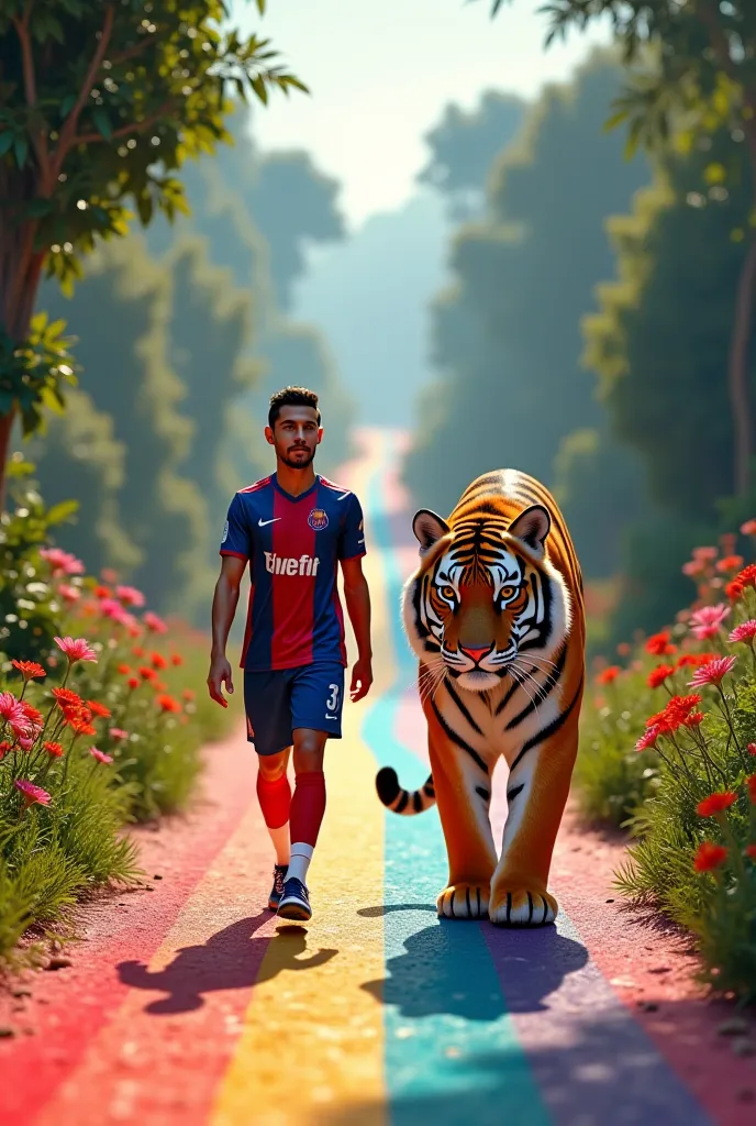 Cristina Ronaldo and Oscar winner 2025 Ralph Fiennes and Tiger walking together colourful road 