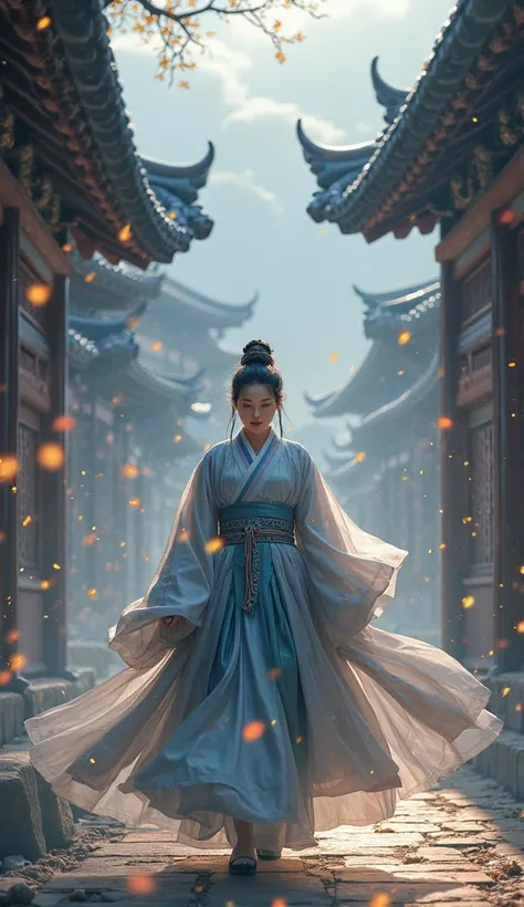 Ancient Korean landscape with traditional architecture, sparkling lights, main character wearing traditional hanbok, mysterious facial expressions, majesty . walks forward