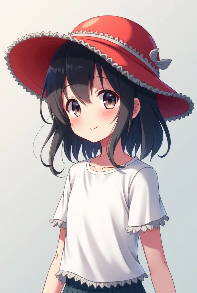 Anime character born with light black hair. I have a white summer t-shirt with a red straw hat with a gray background only