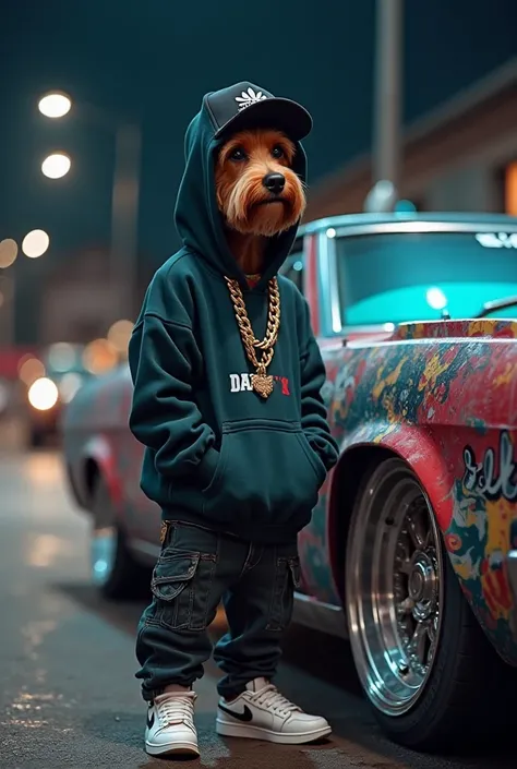 "A realistic cinematic video of a dog wearing hip-hop clothes, standing next to a street-style car. The dog wears a baggy hoodie, a cap tilted to the side, sneakers, and a thick chain necklace. The car is a customized lowrider or a sports car with graffiti...