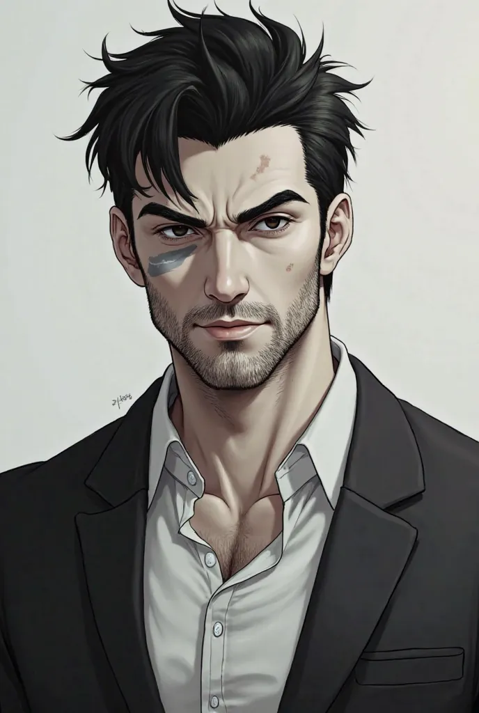 a man, muscular with a scar on the left eye, with some three-day beard,  His skin is white, black eyes color, his black hair is short with a gradient in the corners, and he has a suit with two buttons open on his chest. 