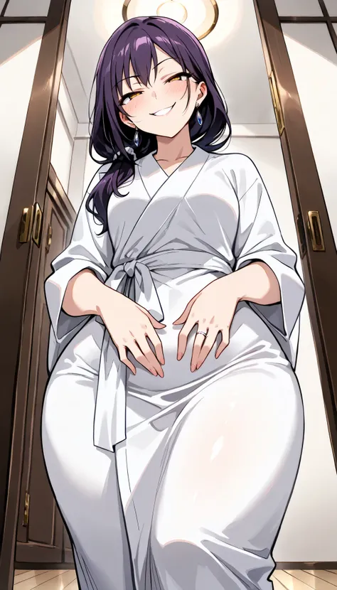 (masterpiece, Highest_quality:1.2), 1 girl, Alone, mature woman, tsub, long hair,  purple hair, (housewife:1.5, ring, robe, wedding ring), beautiful eyes, focusing on women, watching viewers, ,  very small breasts, Chest, wide hips, ( view from below:1.5) ...