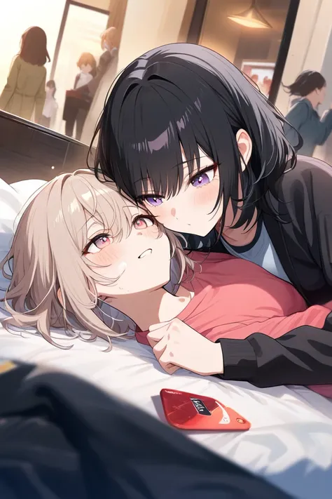 2 girls、character 1（ light beige hair、medium hair（ shoulder length）、Curl inward、people like the atmosphere、Tall Length）、Character 2（long black hair）、bed、lying down、Aftertaste、 disheveled clothes、 bring your face closer、 and stare at each other、 Rough Outfi...