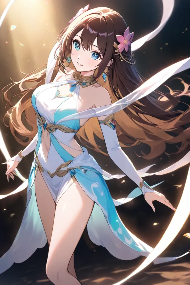 high quality　best image quality　Super Detail　high quality　4k 8k white dancer 　long brown hair　  pink flower hair ornament  　 medium breasts　 anime style　 　  smile face