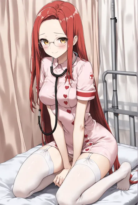 1 woman, golden eyes, glasses, (red hair), long hair, forehead, asytph, ((very long side hair)), shy, smile, closed mouth, (((medium breasts))), ((lovely, cute, sexy, seductive)), beautiful, small black nurse dress, white stockings, stethoscope around neck...