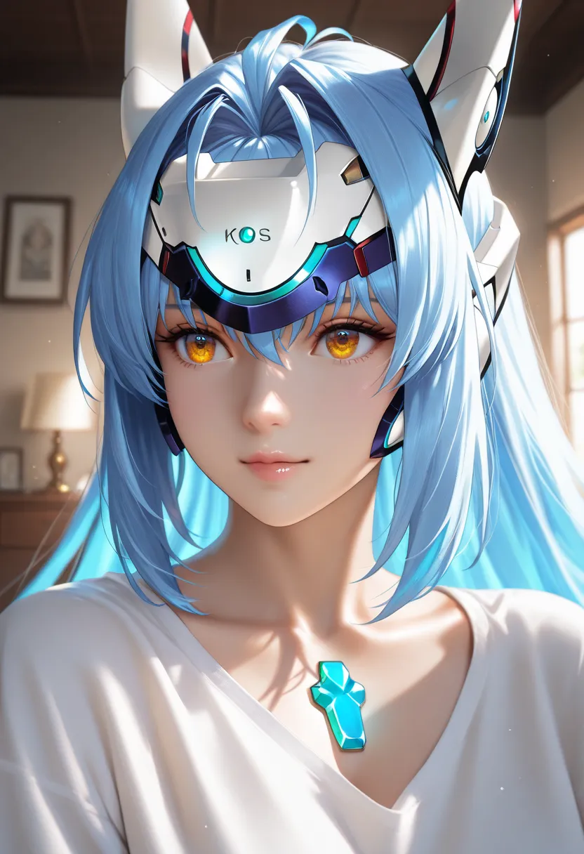 masterpiece, best quality, vibrant, very aesthetic, high contrast, photorealistic portrait,beautiful detailed face,detailed texture,detailed skin,newest, 1girl, Xenoblade Chronicles 2,source_ Xenoblade Chronicles 2,kos-mos,mecha ears,shirt,room,realistic l...