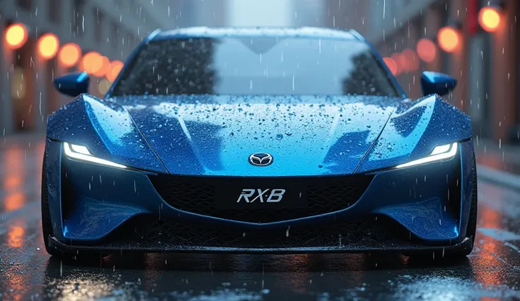 "close front view of New 2025 Mazda Rx 8 a blue colour parked in the rain. And it's should be written in the number plate Mazda 
