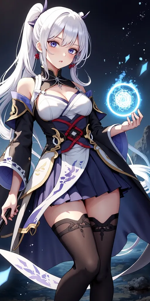 with white hair and blue eyes, bent , full-length anime girl holding a rod,  beautiful heavenly sorceress, The detailed image of the Onmyoji , Epic Magician Girl Character, Ke Qing from Genshin Impact, Аяка Genshin Impact, female magicians, deity with whit...