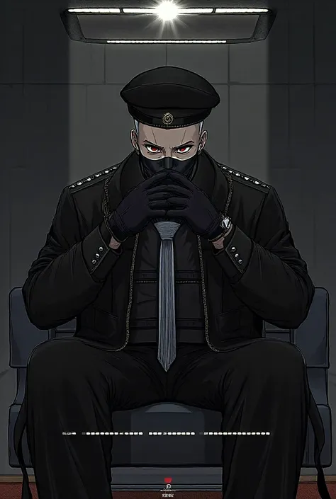 In Chinese Illustration Stripe,  Bald Man, , the black gothic captain's hat,  Black Jacket with Tie and Black Glove,  black pants  ,Black Face,in a dark room,  Seat Chair,Looking forward,, with the hands pressed under the chin,in anime style,masked