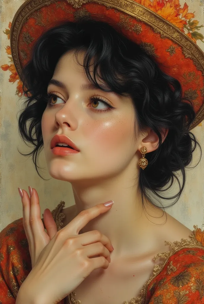 Portrait of a young woman with dark hair in an Art Nouveau hat, whimsical, bright colors, detailed eyes, graceful anatomically correct hands, digital art in the style of silver Age painting, smooth gradients, stylized background, sepia, aged image.