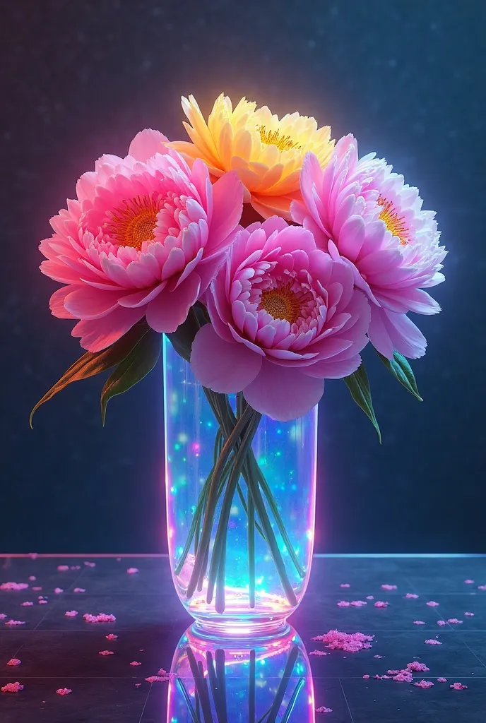 Beautiful rainbow peonies in a glass neon vase