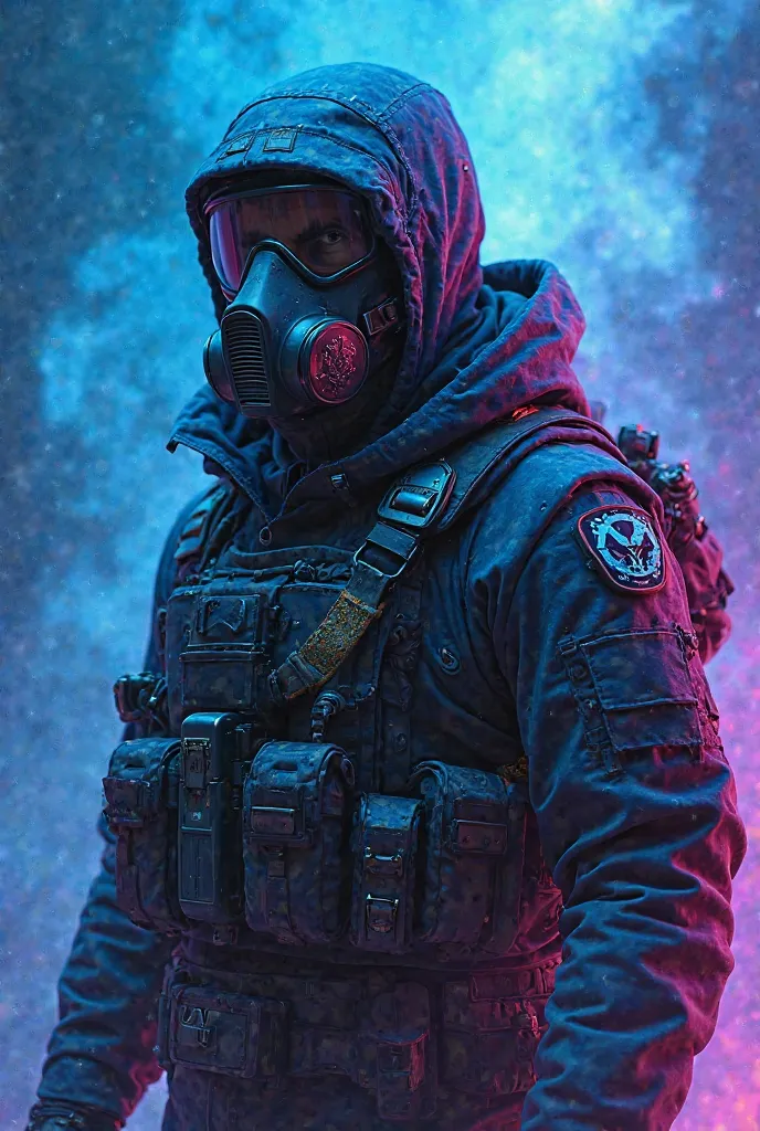 Tactical _Smokie with a gas mask with a blue purple background with a m416