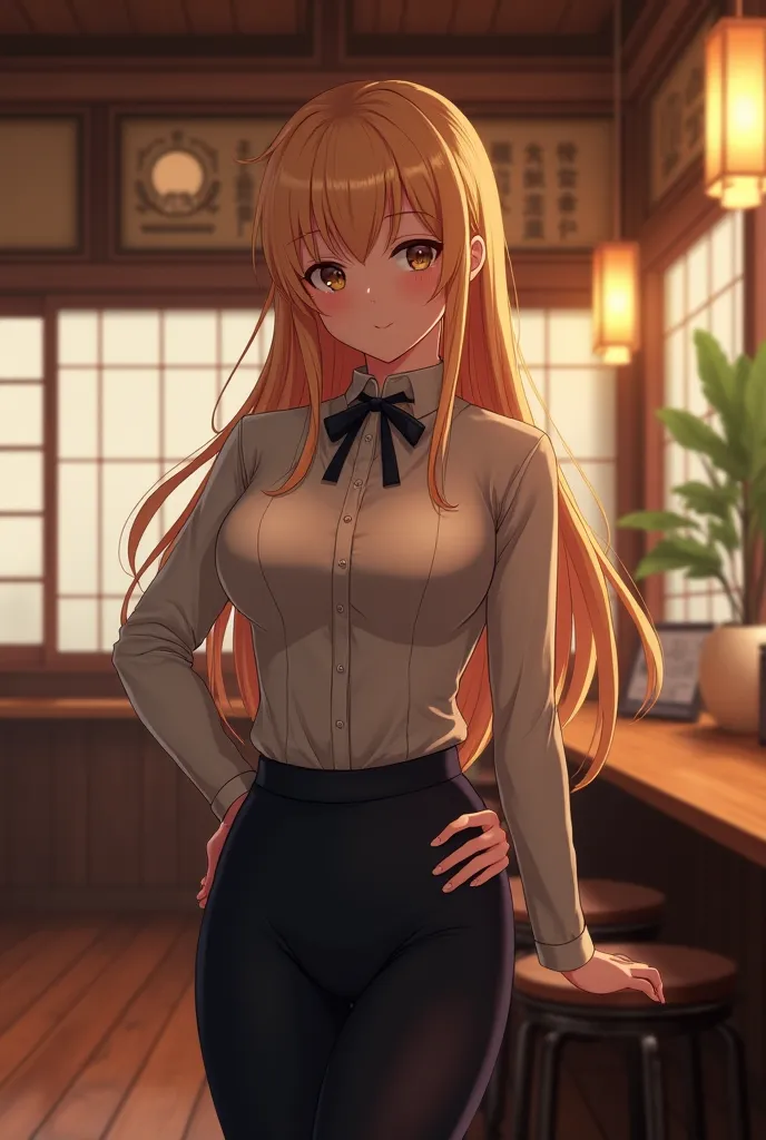 Physically fit adult woman with long blond hair and big breasts wearing a long-sleeved uniform from a Japanese coffee shop anime version, 8k, photorealistic,  detailed, professional, studio lighting,  vivid colors, cinematic, cozy Japanese coffee house atm...