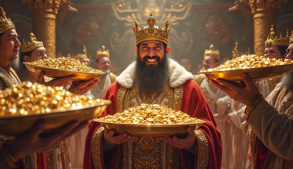 "Servants bringing large golden trays filled with gold coins and precious gems to a smiling king, who is dressed in royal attire."
