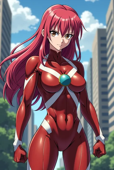  My Hero Academia Style , Anime girl, female, young female,muscular female,Full Body Shot,(fighting Pose:2),Long hair, Red Hair,  Brown Eyes,Hero Suit, Full Body Suit, red suit with white details,small round blue jewel in the center of the chest, perfect a...