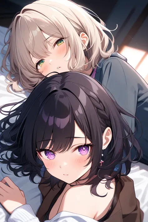 2 girls、character 1（ light beige hair、medium hair（ shoulder length）、Curl inward、Tall Length）、Character 2（long black hair）、bed、lying down、Aftertaste、 disheveled clothes、 bring your face closer、 and stare at each other、 Rough Outfit 、sensual vibe、The distanc...