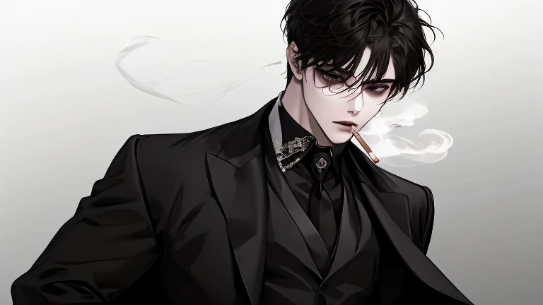 male, solo, adult, pale_skin, fair_skin, muscular, tall,black hair, No decoration, (swept bangs), loose shirt, (Three-Piece Suit), black eyes, tsurime, sanpaku, slanted_eyes, formal_dress, long_coat, expressionless, illustration, upper_body, front view, le...