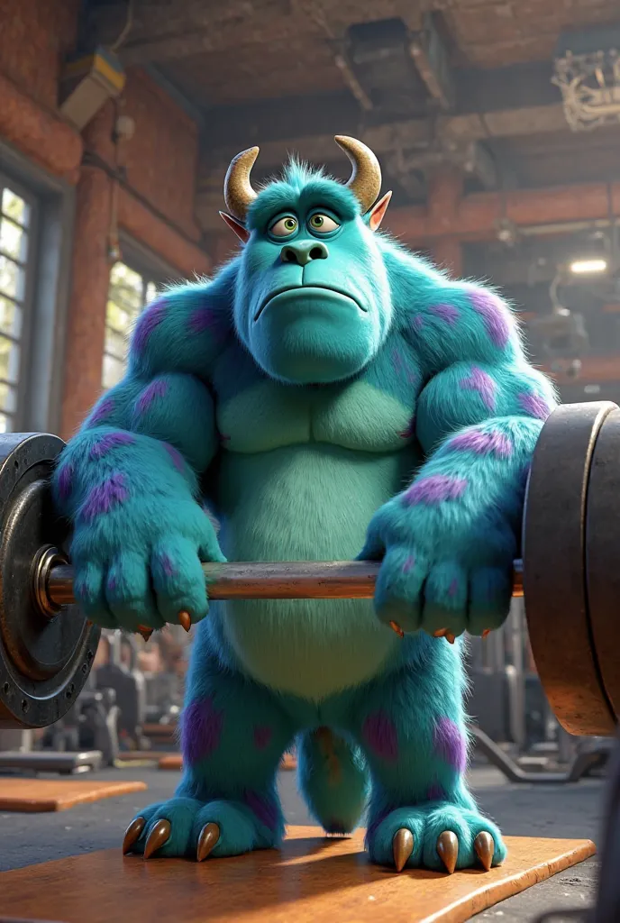 Sully from monsters inc in the gym lifting weights 