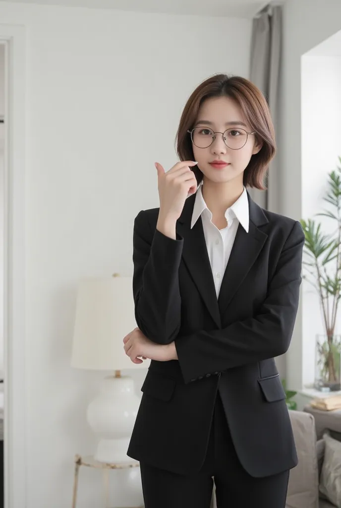 Sincere Glasses Girl ,Wear a suit,content ,Blink,Half-body stand