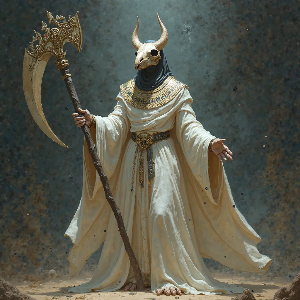 Khonshu his head is the skull of a dead bird,  with a scythe , a white tunic, almost divine , Your head doesn't have a hood