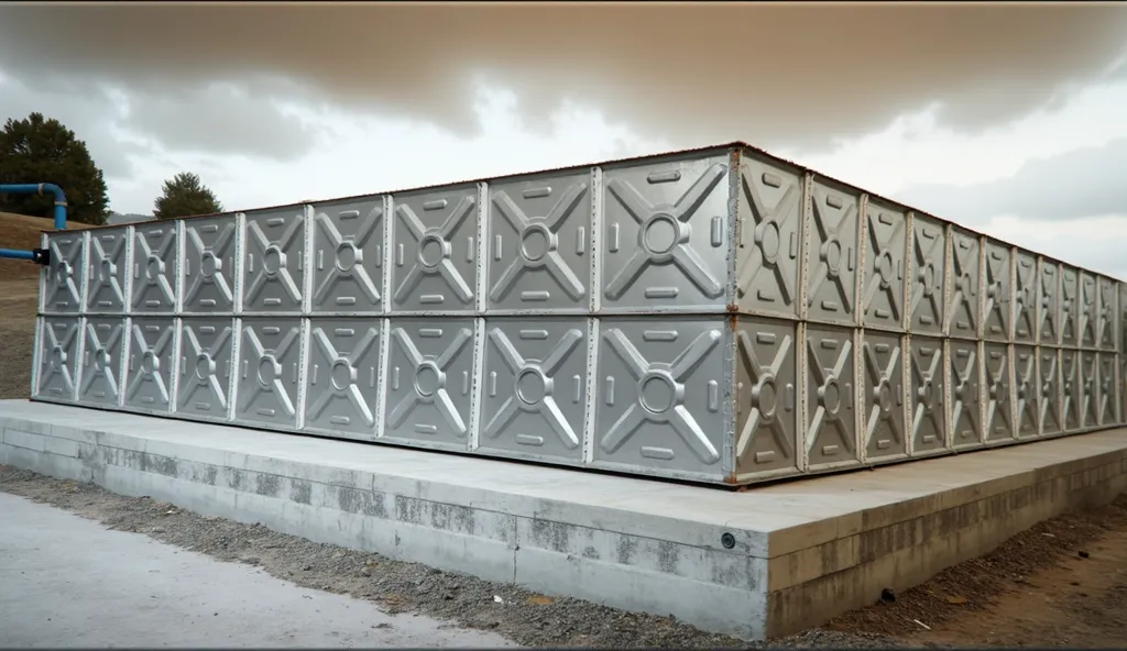 A large rectangular modular water tank made of galvanized steel panels, featuring embossed reinforcement patterns for structural durability. The tank is securely placed on a reinforced concrete platform, slightly elevated above the ground. A blue industria...