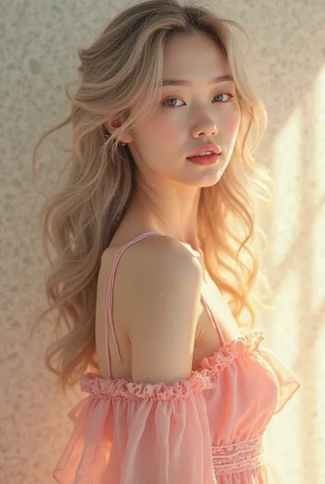 Enfj, woman, Japanese American woman,long wavy ash blonde hair, light pink ruffle dress