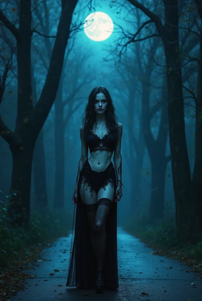 A beautiful vampire girl, with pale skin, sharp features, and alluring eyes, is walking down a dark street. Tall, looming trees surround her, their branches casting eerie shadows. The blue moon above adds an ethereal glow to the scene, creating a unique ch...