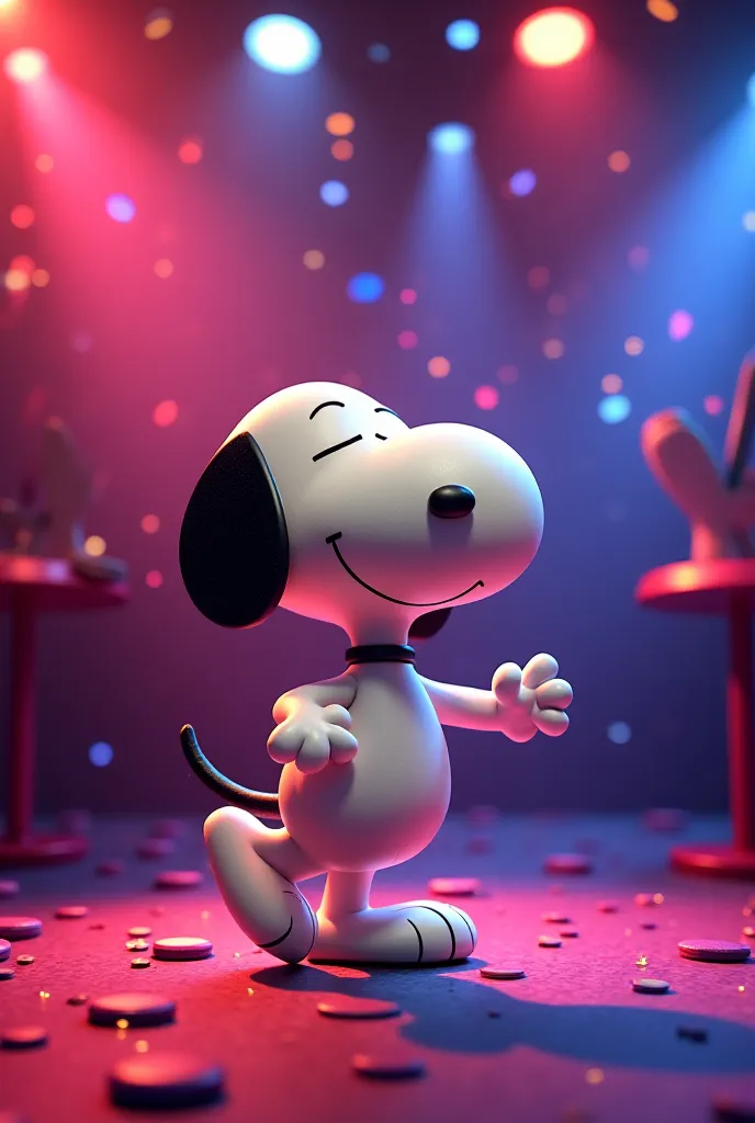 Create different stationery, A5 size images of Snoopy, use only 3D images of Snoopy dancing at a nightclub, Use lots of lights and colors, fill out all the paper and include sophisticated details 