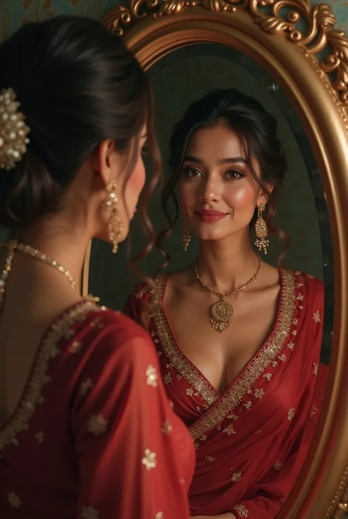 Sexy woman fiton the saree jacket infront of mirror 