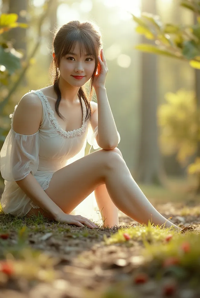 Photorealistic，Ultra high definition，Highest quality，Best Quality，8k，RAW Photos，Super detailed，Ultra-high resolution，(Amazingly cute Japanese real girl)，whole body，1 person，Facing forward，Early morning in the forest，Bright sunlight pours in，Backlight，White...