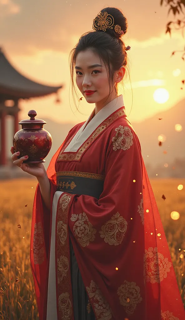 Ancient Korean landscape with traditional architecture, sparkling lights, main character wearing traditional hanbok, mysterious facial expressions, majesty . raise the medicine jar, confident smile , background is a sunset in a rice field, with a tradition...