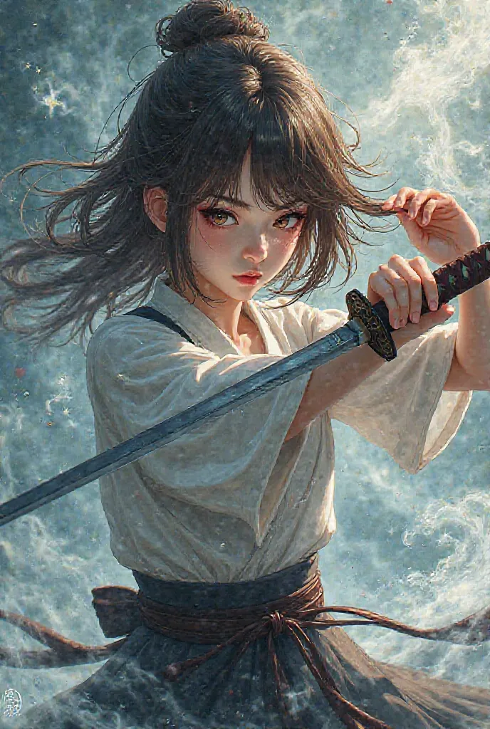 an anime girl with a katana, mid-short brown hair, particular eyes, with smoke magic.