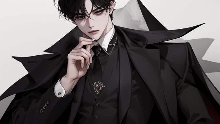 male, solo, adult, pale_skin, fair_skin, muscular, tall,black hair, No decoration, (swept bangs), loose shirt, (Three-Piece Suit), black eyes, tsurime, sanpaku, slanted_eyes, formal_dress, long_coat, expressionless, illustration, upper_body, front view, le...