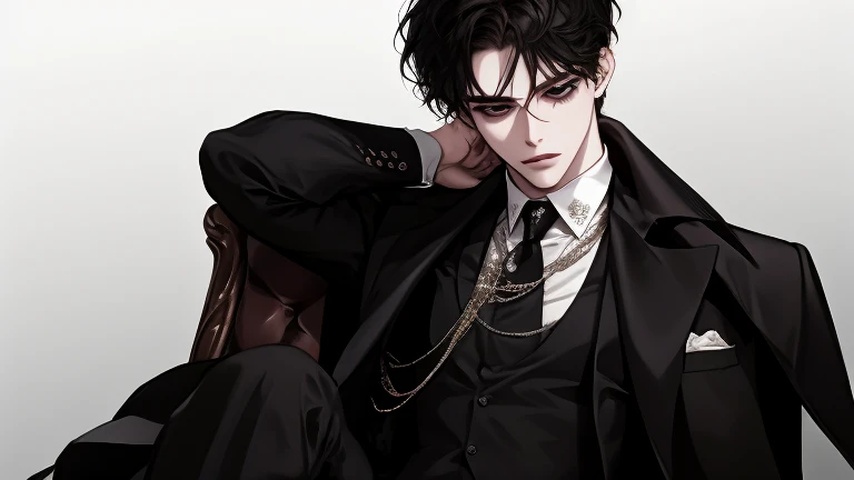 male, solo, adult, pale_skin, fair_skin, muscular, tall,black hair, No decoration, (swept bangs), loose shirt, (Three-Piece Suit), black eyes, tsurime, sanpaku, slanted_eyes, formal_dress, long_coat, expressionless, illustration, upper_body, front view, le...