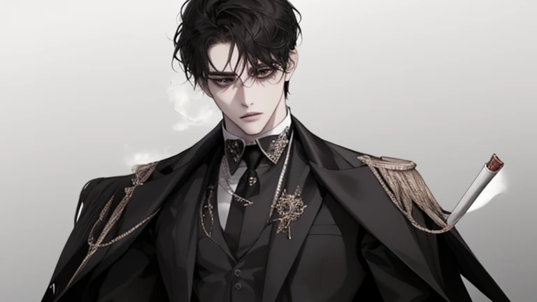 male, solo, adult, pale_skin, fair_skin, muscular, tall,black hair, No decoration, (swept bangs), loose shirt, (Three-Piece Suit), black eyes, tsurime, sanpaku, slanted_eyes, formal_dress, long_coat, expressionless, illustration, upper_body, front view, le...