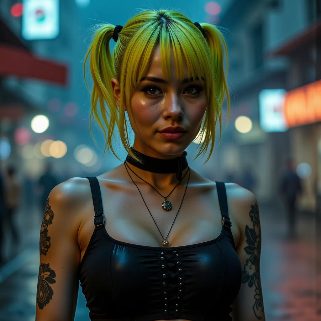 Prostitute、Sensational smile、yellow-green pixie cut、Made of latex＿ tight leotards、choker、Accessory、bondage harness、Peony Tattoos 、Possess a rocket launcher、 detailed crotch、Satanic、Rainy、night、Cyberpunk City、giant alien、fine art digital painting, intricate...