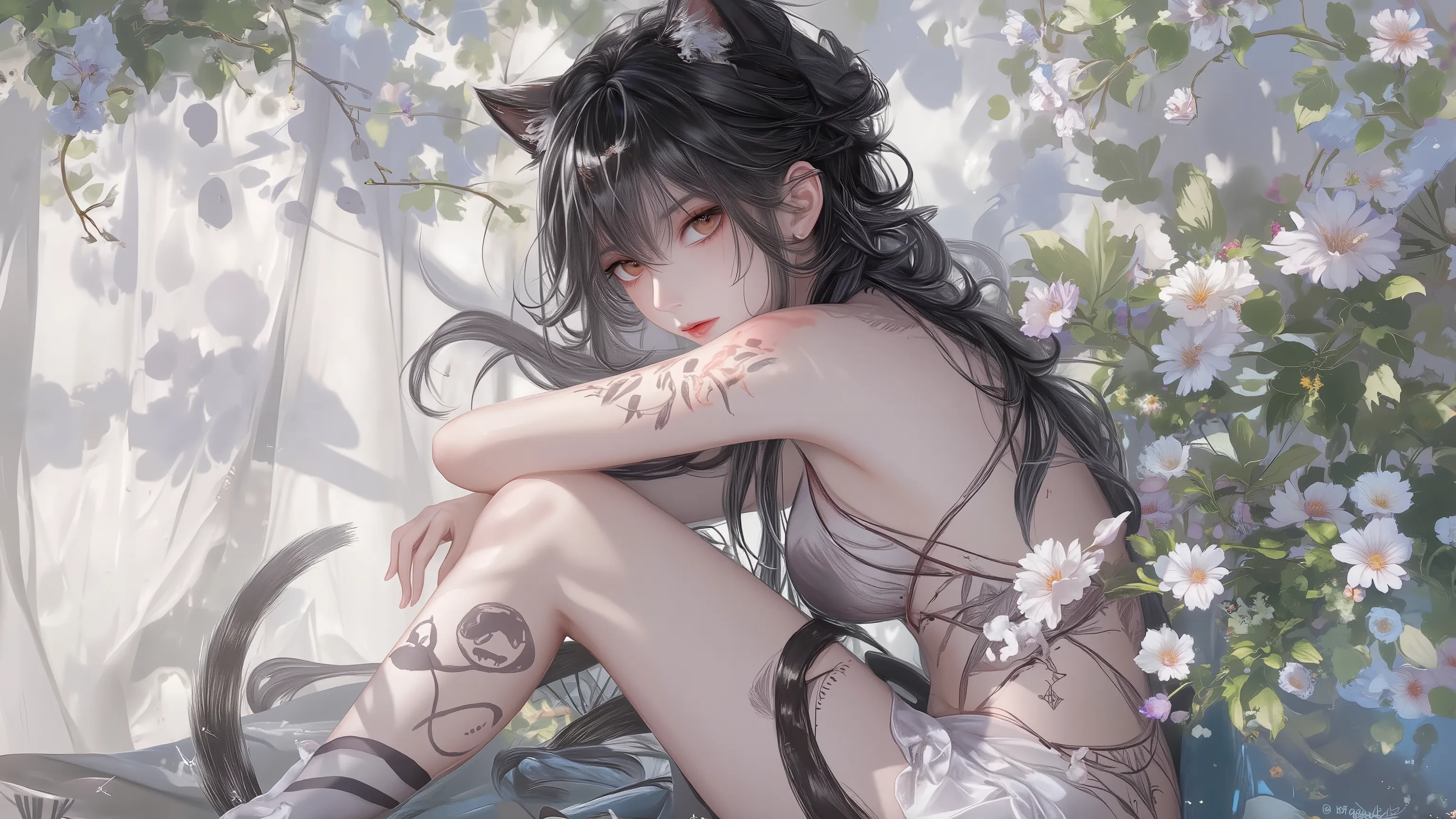 ((Best Quality)),( Ultra High Resolution ),(very well detailed),( detailed description),(( best CG )),(masterpiece), Ultra Detailed Art ,AMAZING PAINTING ART,(art with delicate details:1.5), woman:1.5, beautiful well-groomed face:1.5, cat tail, Cat tail, b...