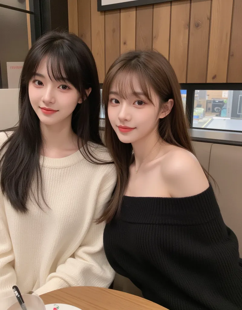 Japanese influencer girl、two-shot photo of 2 people、 charming、best visual、fresh, milky white skin、１Is long black hair with bangs、pins and straight hair、big eyes、Kaname makeup、 slim figure、are known as hot influencers now、 real 、20 years old、２has brown hair...