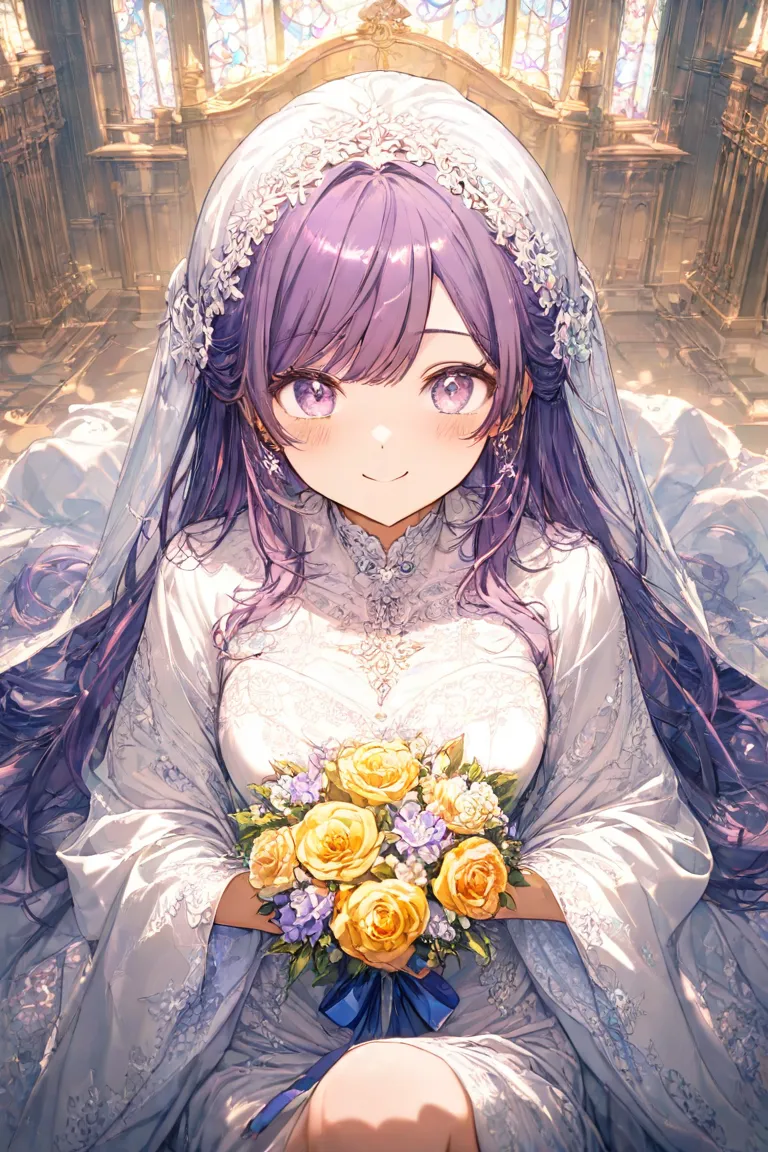 masterpiece,Best Quality,Super Detail,8k,front　upper body lift　one girl　cute smile up to the knee　purple hair half up　Wedding Dress　 Delicate Design 　bouquet　Stained Glass　church　Light shines from above