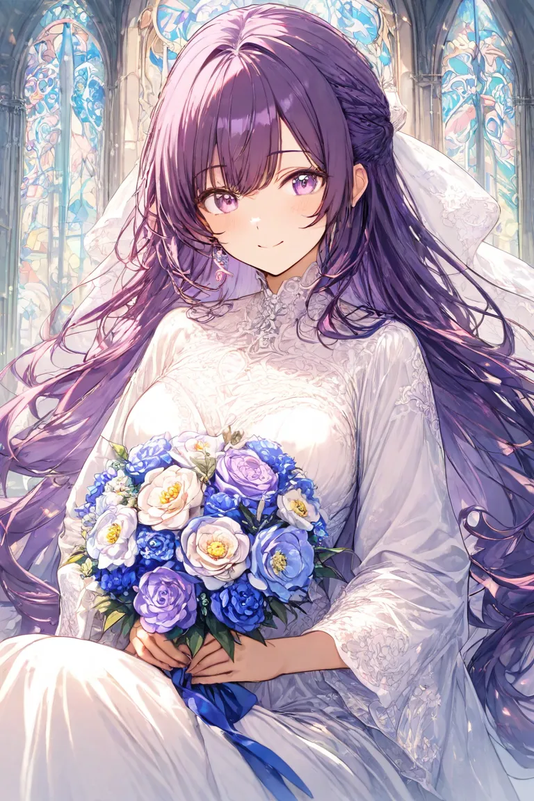 masterpiece,Best Quality,Super Detail,8k,front　upper body lift　one girl　cute smile up to the knee　purple hair half up　Wedding Dress　 Delicate Design 　bouquet　Stained Glass　church　Light shines from above