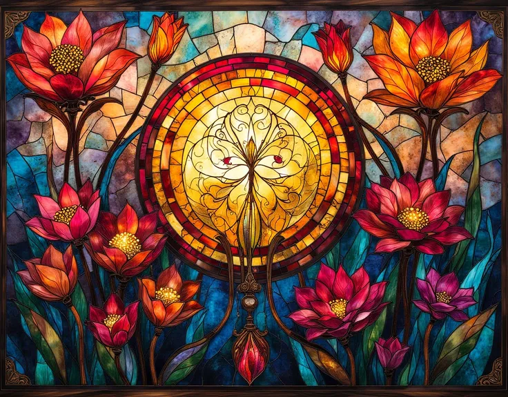 full circle, Stained glass , vibrant flower garden. Colorful glass pieces with bold lead lines, cheerful style