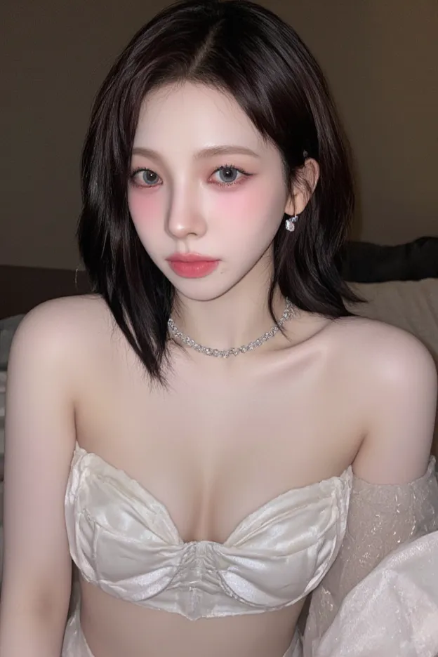 (걸작,  premium ),(NASSFY:1.5), girl, wear a shiny crop top, dark hair that sticks out at night, (big ), (nipples, nipples 미끄러짐:1.4)  Confused , smile, (Take off her top and:1.5, 그녀의 big 과 엉덩이를 강조하고 있습니다,(wet white clothes), nipples가 드러난