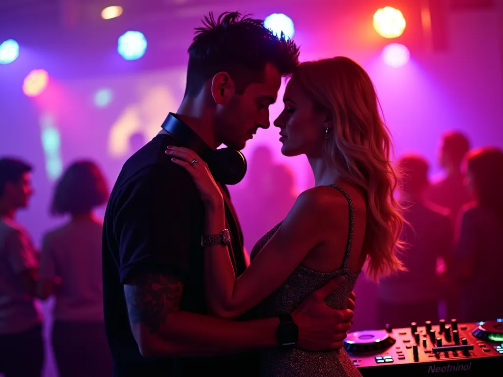 Handsome brunette American man with fade cut black hair and punk type. Beautiful Ukrainian woman with ash blonde hair and pale green eyes. In an entertainment club, behind the DJ panel under purple and red lights, a man hugs a woman around the waist with h...