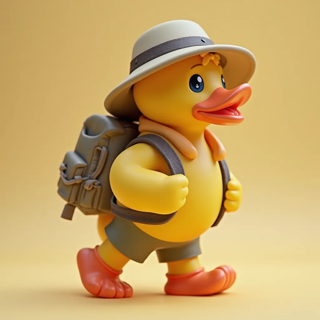 A cute yellow rubber duck, who wears a khaki safari cap, wearing a jacket and shorts, walks on his back with a backpack...