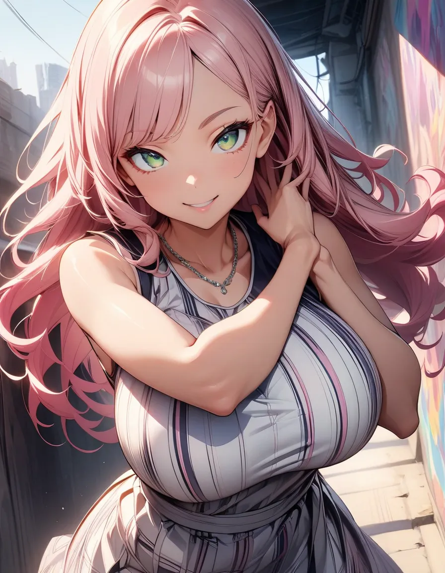 ((with a cute face)), ((best quality)), ((masterpiece)), (detailed), 1girl, Beautiful anime girl, glowing face and skin, Detailed face, light pink lips, (pink hair, long and bangs: 1,5), (Pose for the camera), Slightly wide angle, (Poster-style works), big...